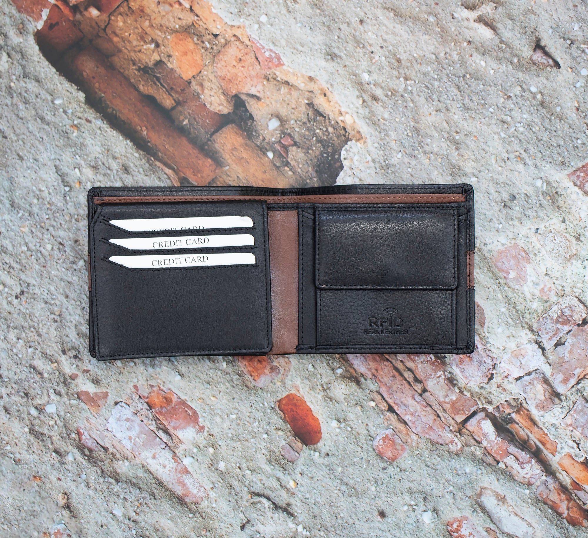 Alpha Leather Men's Black RFID Safe Trifold Wallet - 352